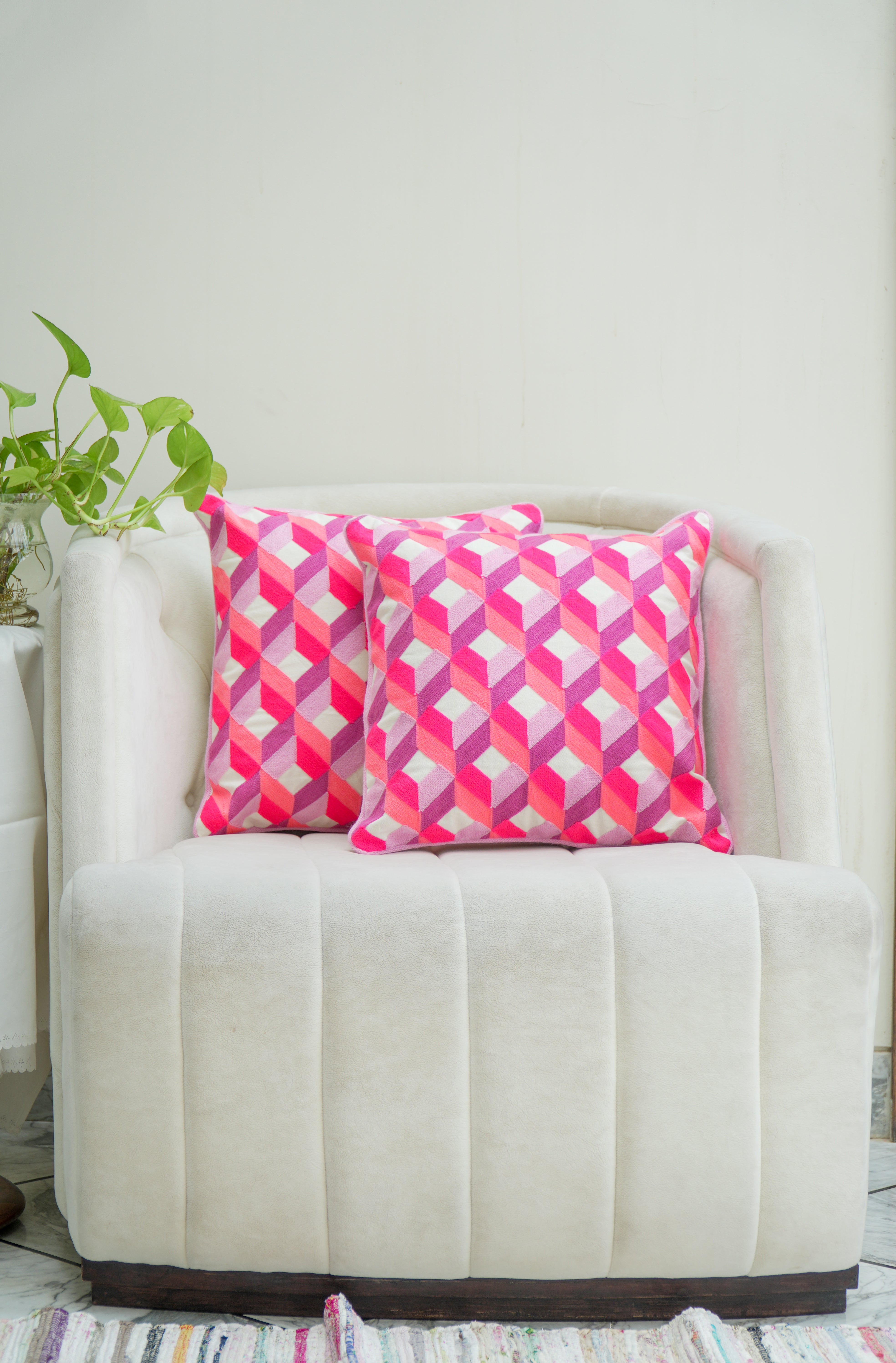 Pink Diamonds Embroidered cushion cover