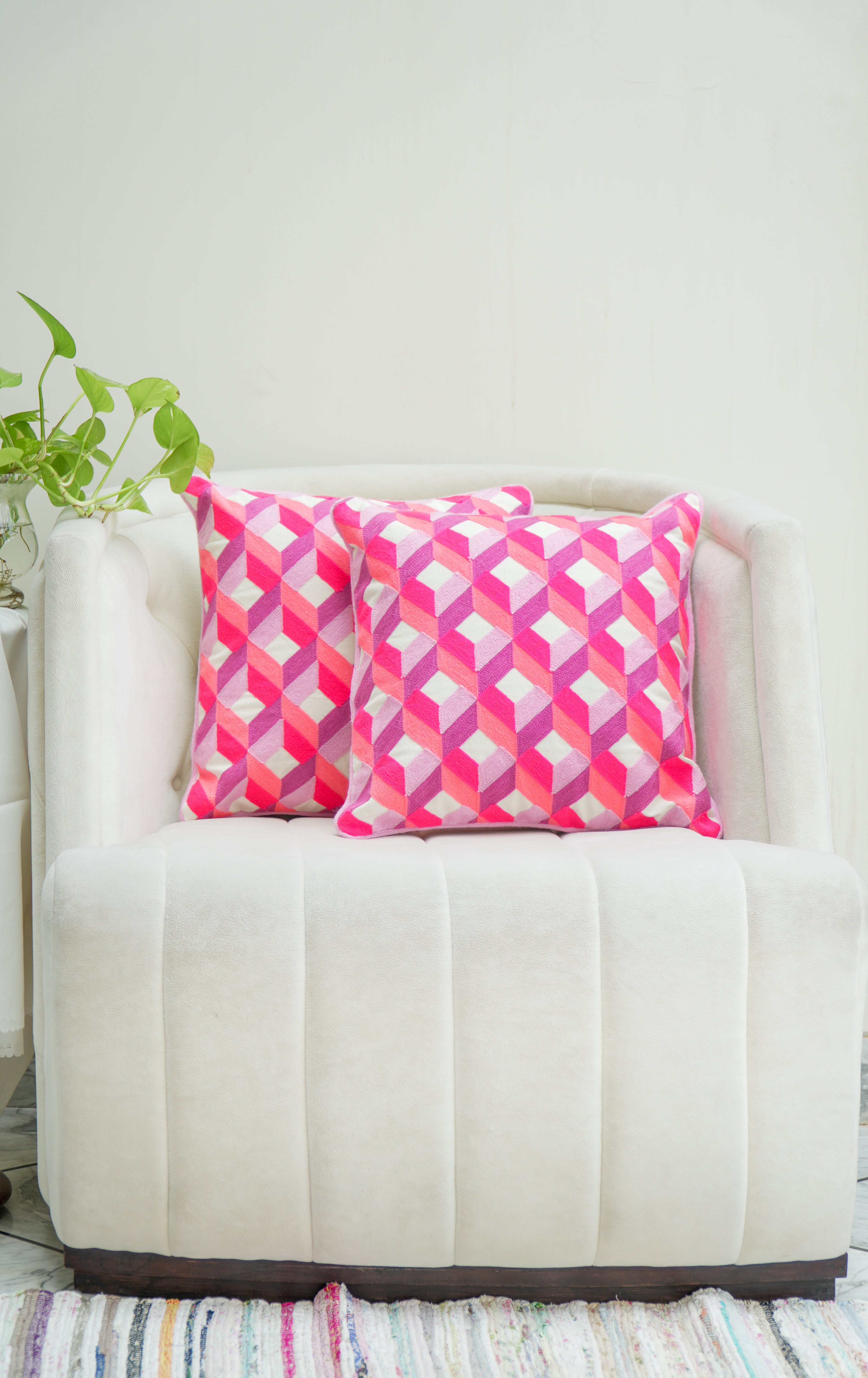 Pink Diamonds Embroidered cushion cover