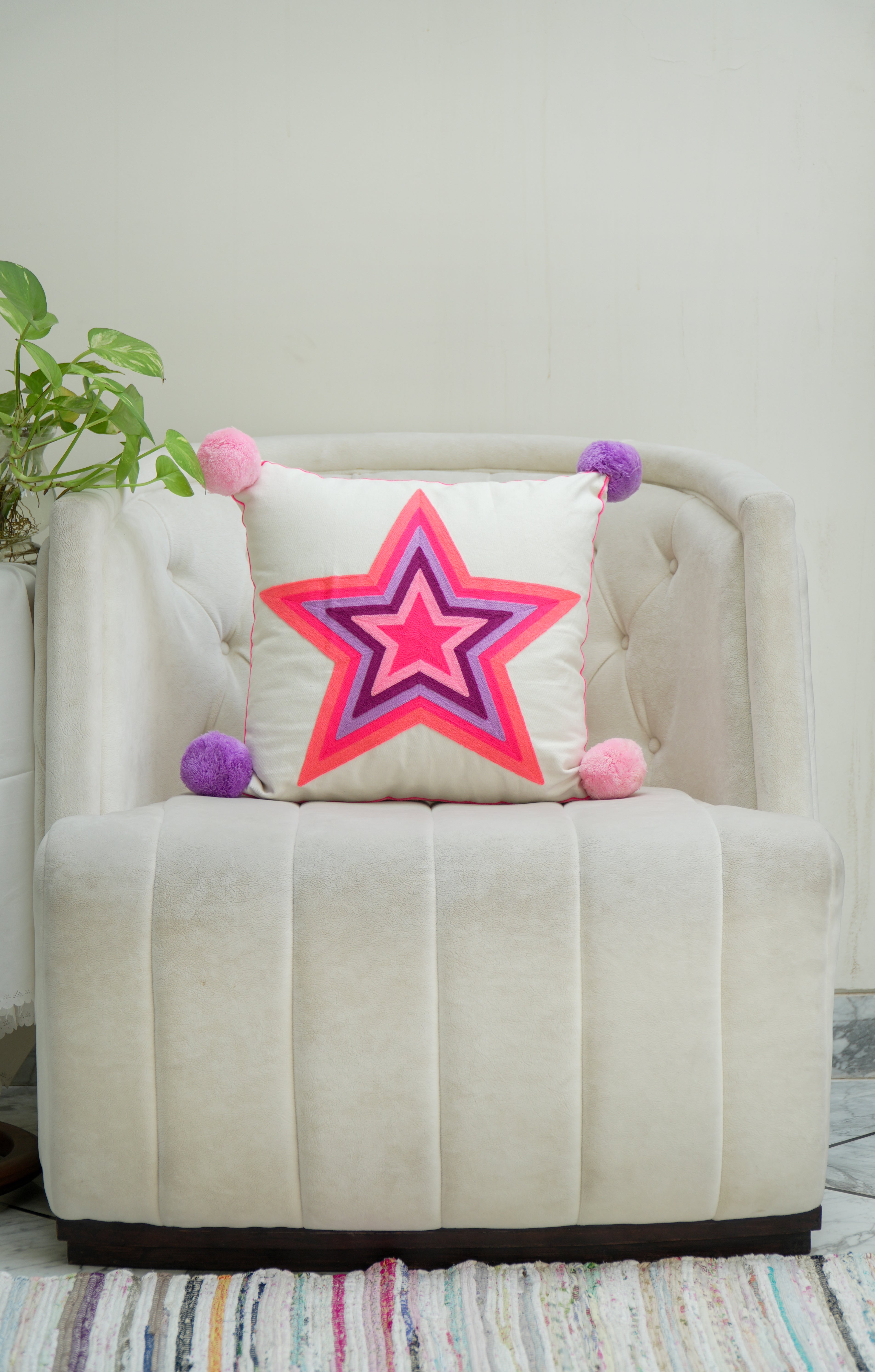 Pink Star Embroidered cushion cover