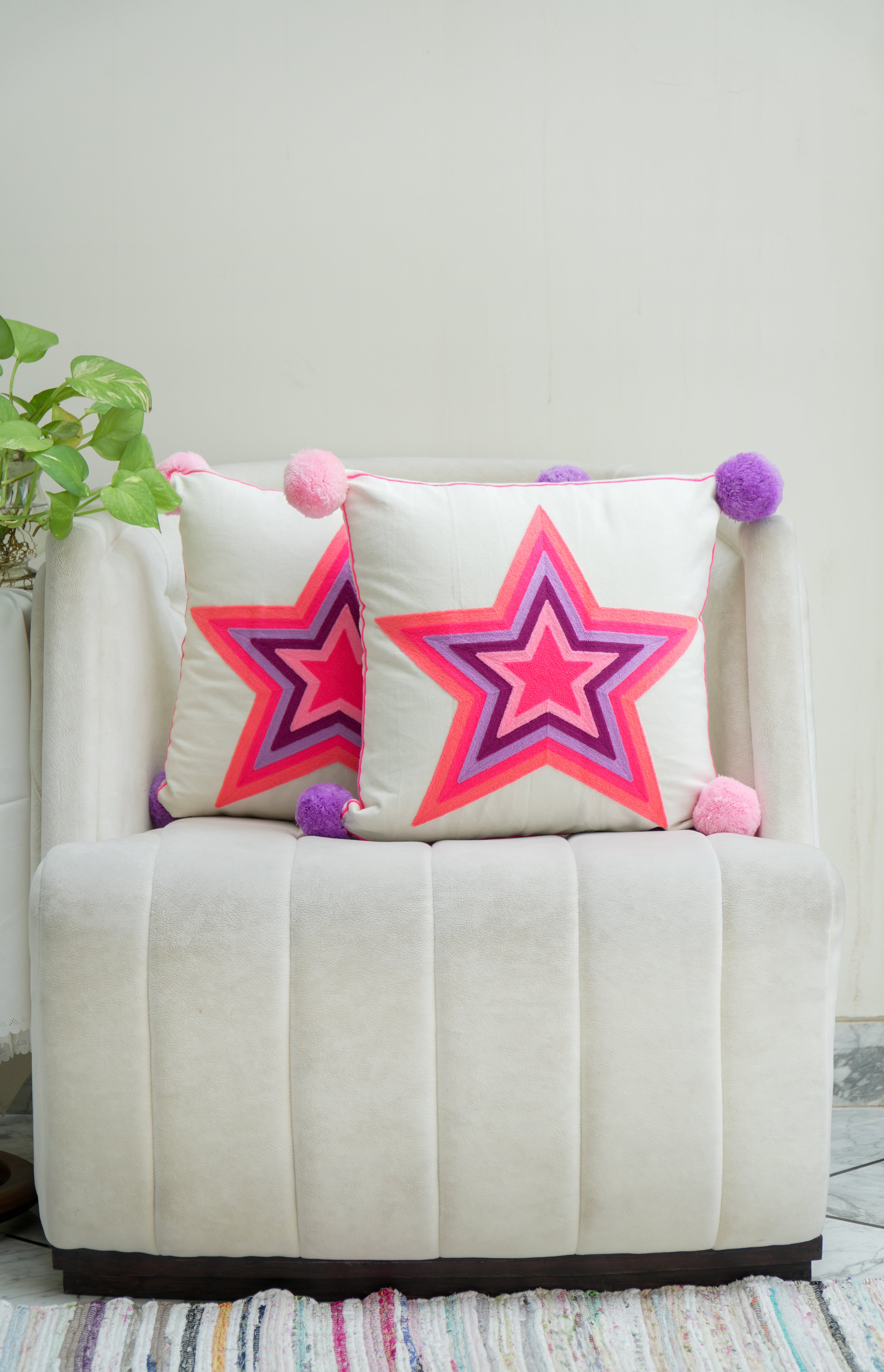 Pink Star Embroidered cushion cover