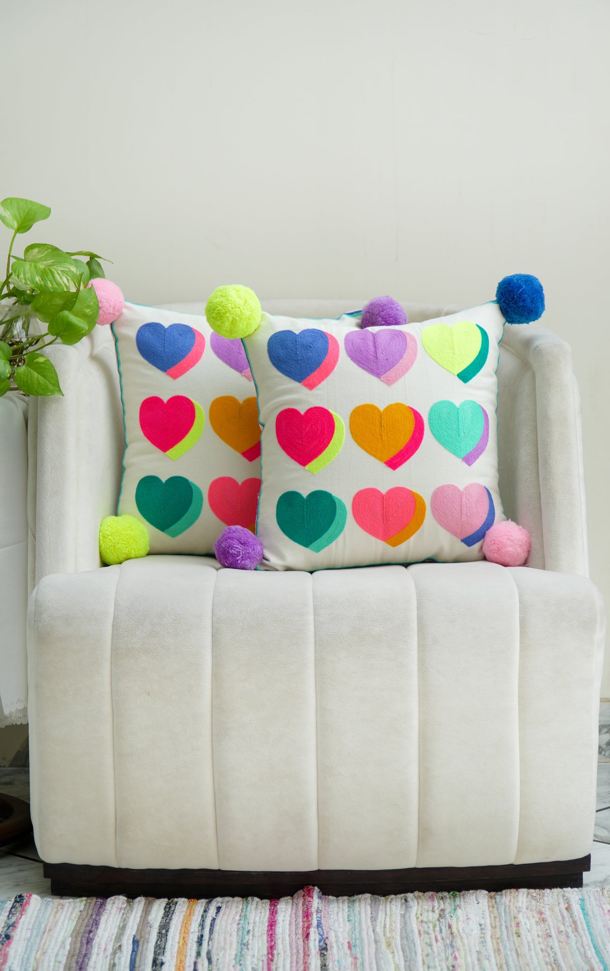 Multi Hearts Embroidered cushion cover