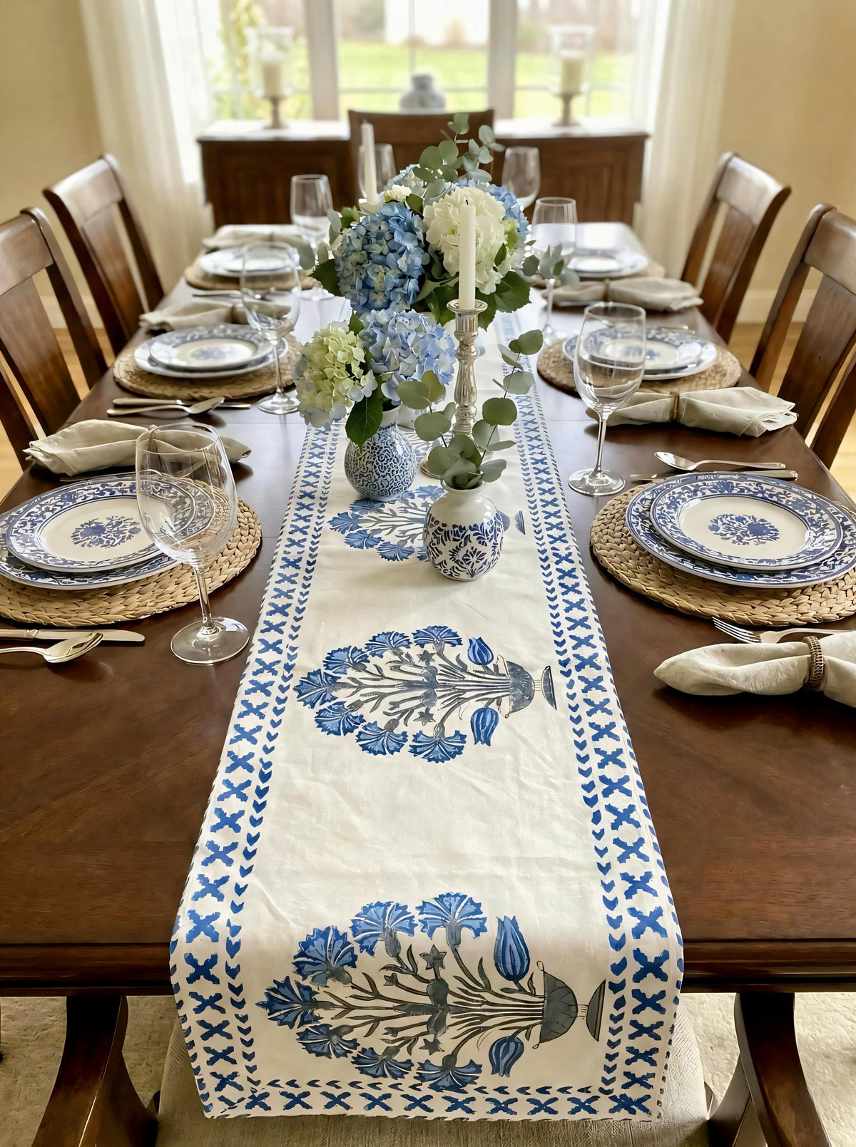 Blue Carnations Cotton Table Runner 15x72 inches for a 6 Seater Dining Table