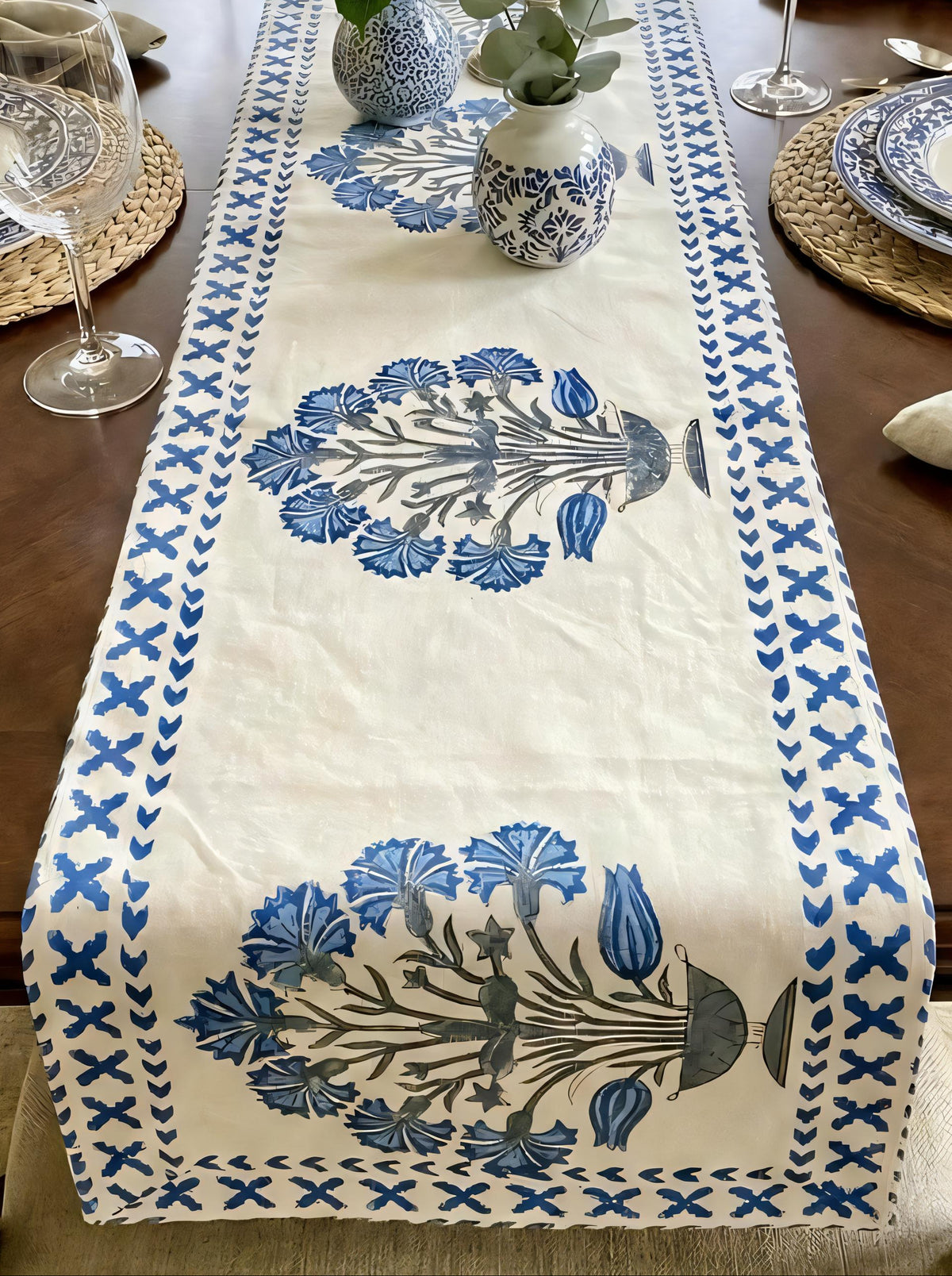 Blue Carnations Cotton Table Runner 15x72 inches for a 6 Seater Dining Table
