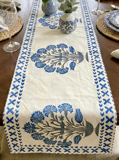 Blue Carnations Cotton Table Runner 15x72 inches for a 6 Seater Dining Table