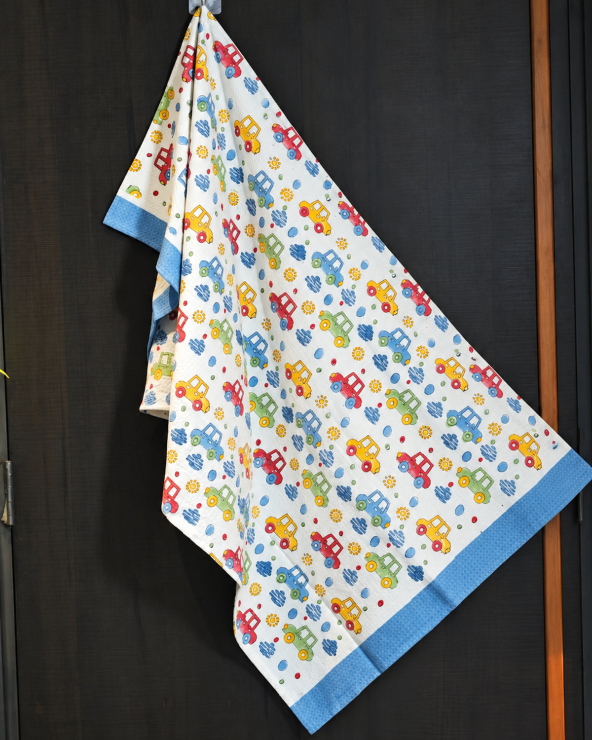 Pink Lemon Colourful car print with blue border towel image 1