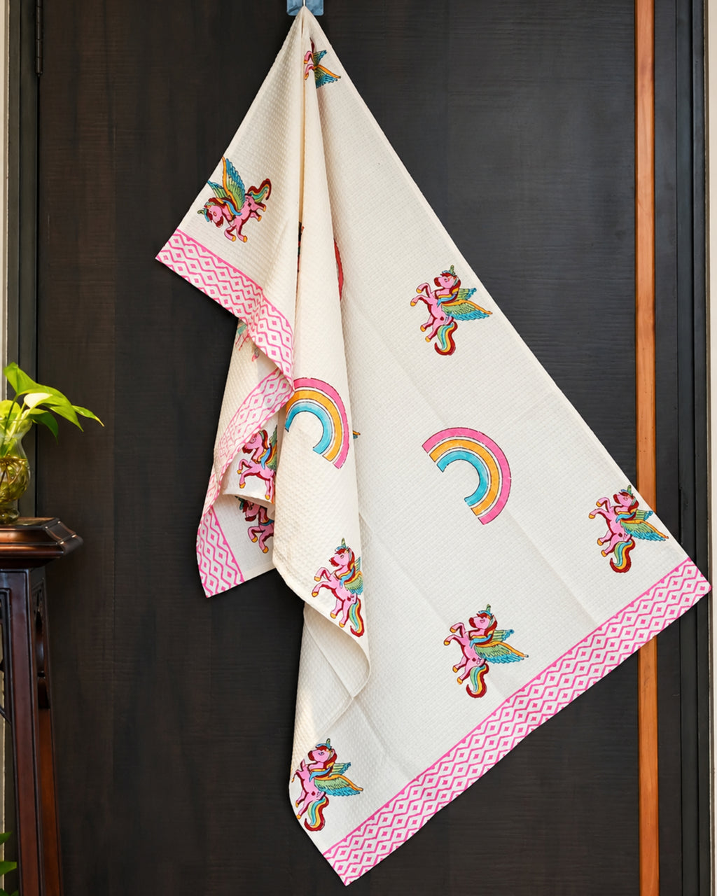 Pink Lemon Flying unicorn and rainbow print with pink patterned border towel image 1