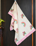 Pink Lemon Flying unicorn and rainbow print with pink patterned border towel image 1