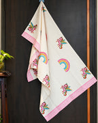 Pink Lemon Flying unicorn and rainbow print with pink patterned border towel image 1