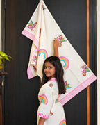 Pink Lemon Flying unicorn and rainbow print with pink patterned border towel image 2