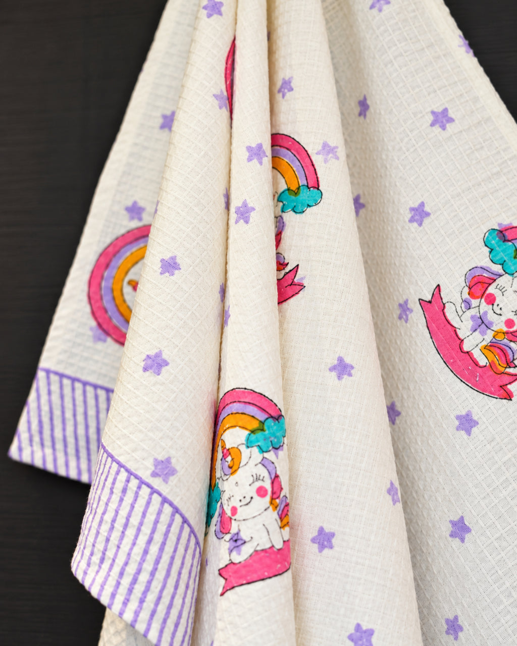 Pink Lemon Unicorns, rainbows, purple stars and lavender striped border towel image 2