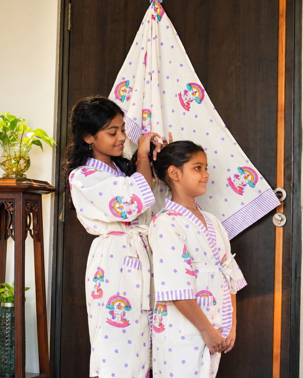 Pink Lemon Unicorns, rainbows, purple stars and lavender striped border towel image 4