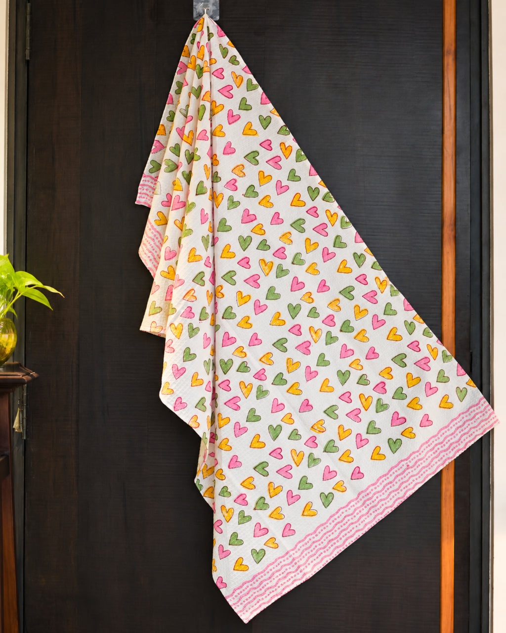 Pink Lemon Pink, yellow and green heart print with pink border towel image 1