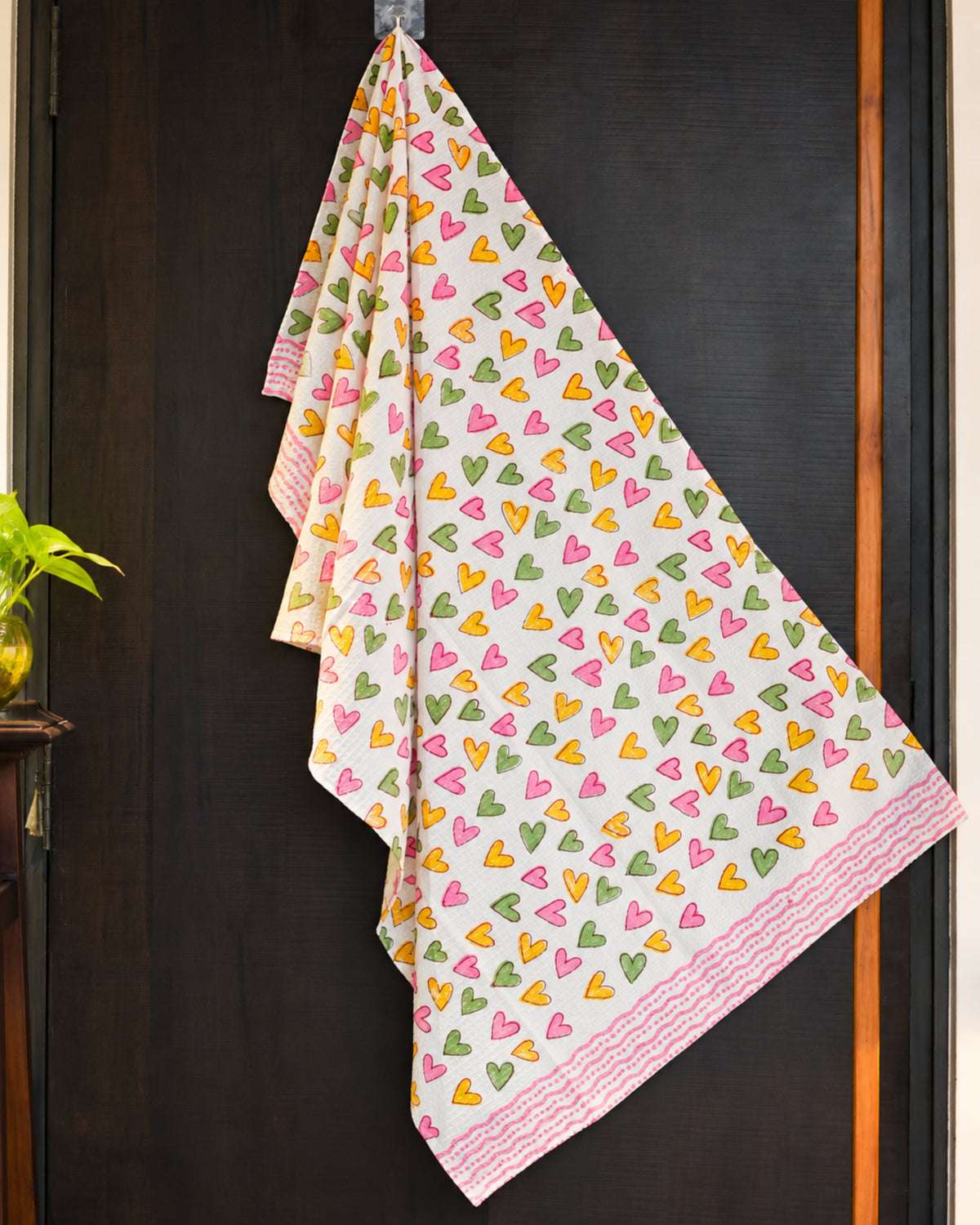 Pink Lemon Pink, yellow and green heart print with pink border towel image 1