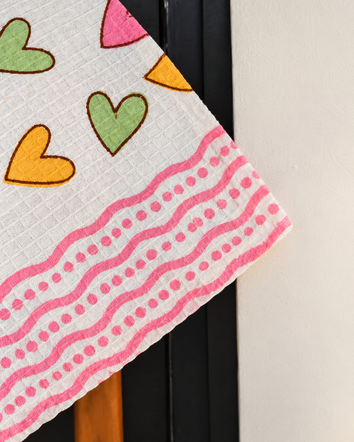 Pink Lemon Pink, yellow and green heart print with pink border towel image 3