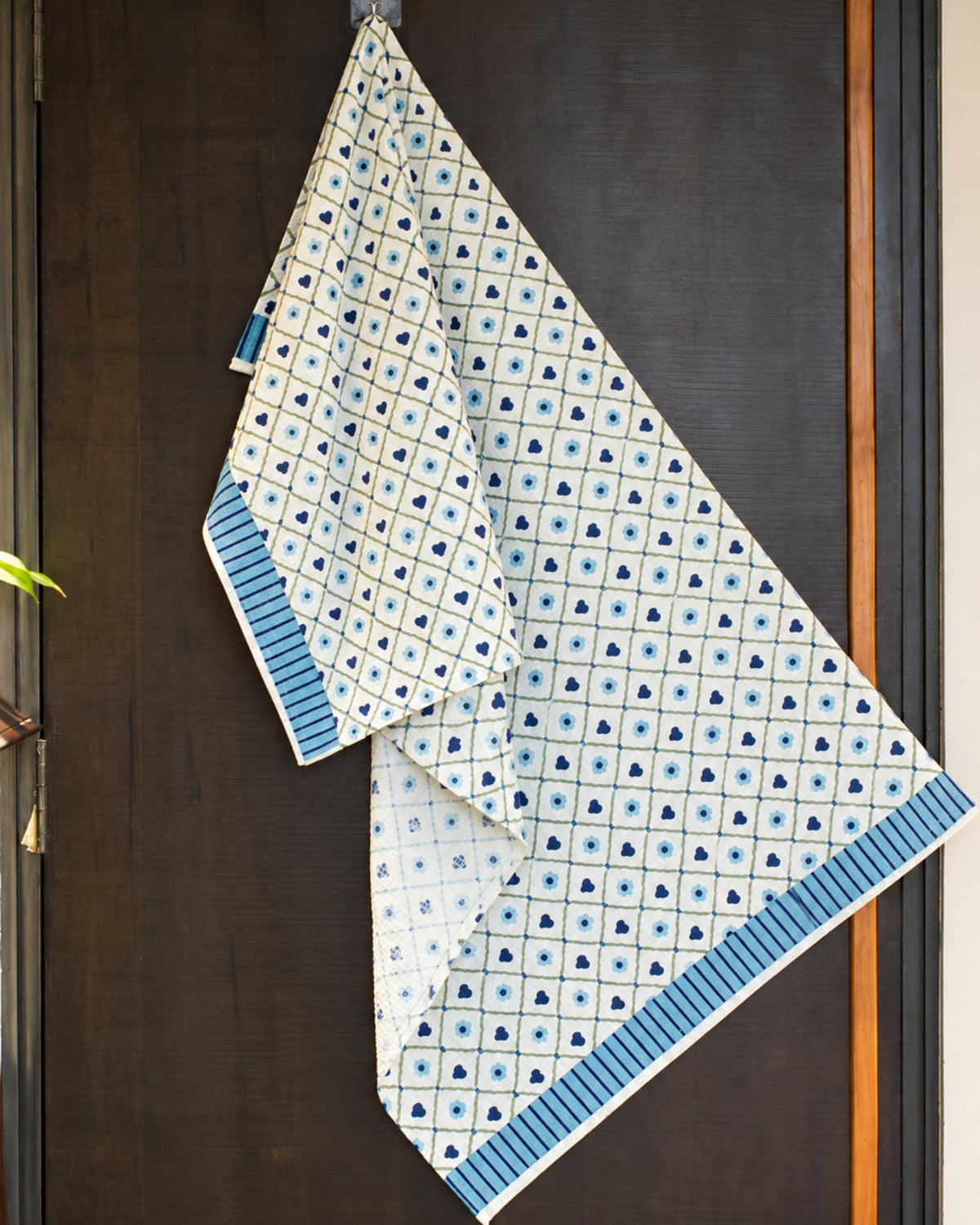 Pink Lemon Blue floral and navy hearts print with striped border towel photo 1
