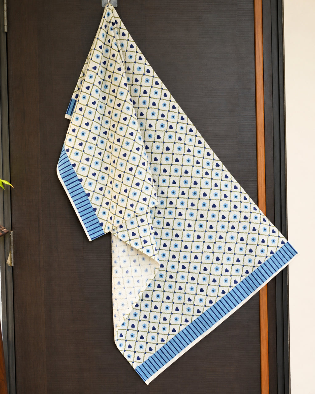 Pink Lemon Blue floral and navy hearts print with striped border towel photo 3