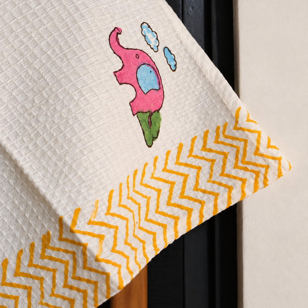 Pink Lemon Blue elephants and palm-tree motifs with navy geometric border towel photo 4