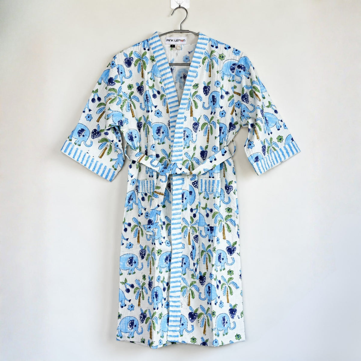 Kids Cotton Waffle Bathrobe – Blue Elephant & Palm Tree Print | Pink Lemon - image 22