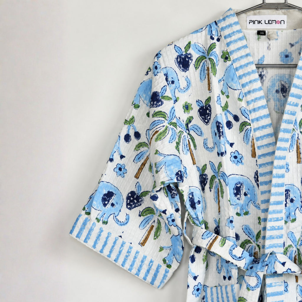 Kids Cotton Waffle Bathrobe – Blue Elephant & Palm Tree Print | Pink Lemon - image 24