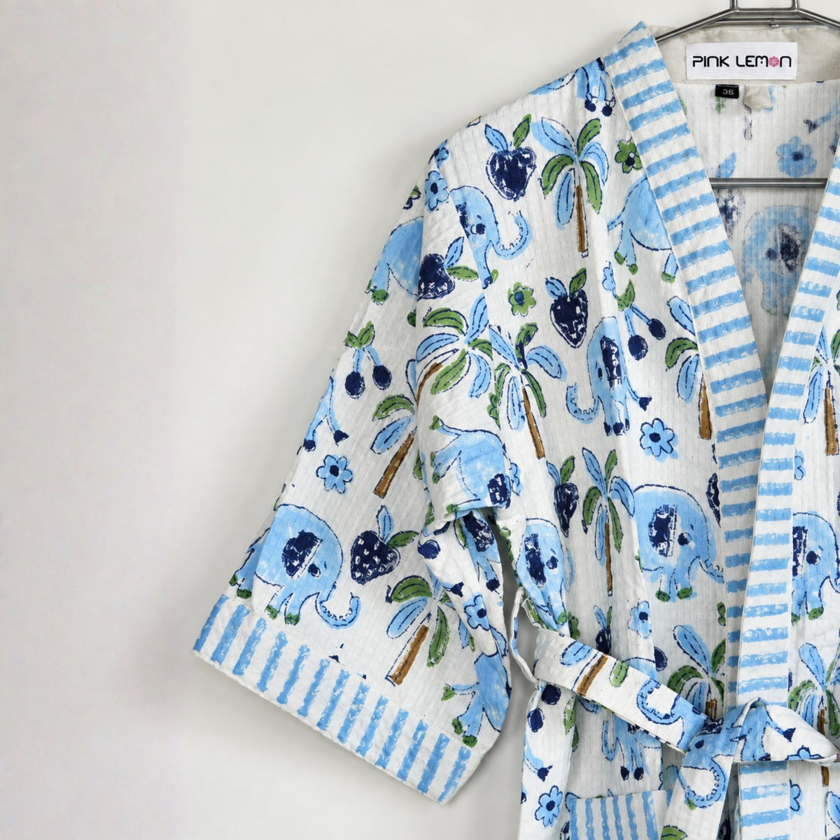 Kids Cotton Waffle Bathrobe – Blue Elephant & Palm Tree Print | Pink Lemon - image 24