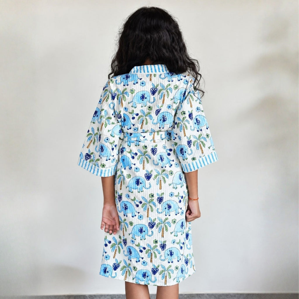 Kids Cotton Waffle Bathrobe – Blue Elephant & Palm Tree Print | Pink Lemon - image 25
