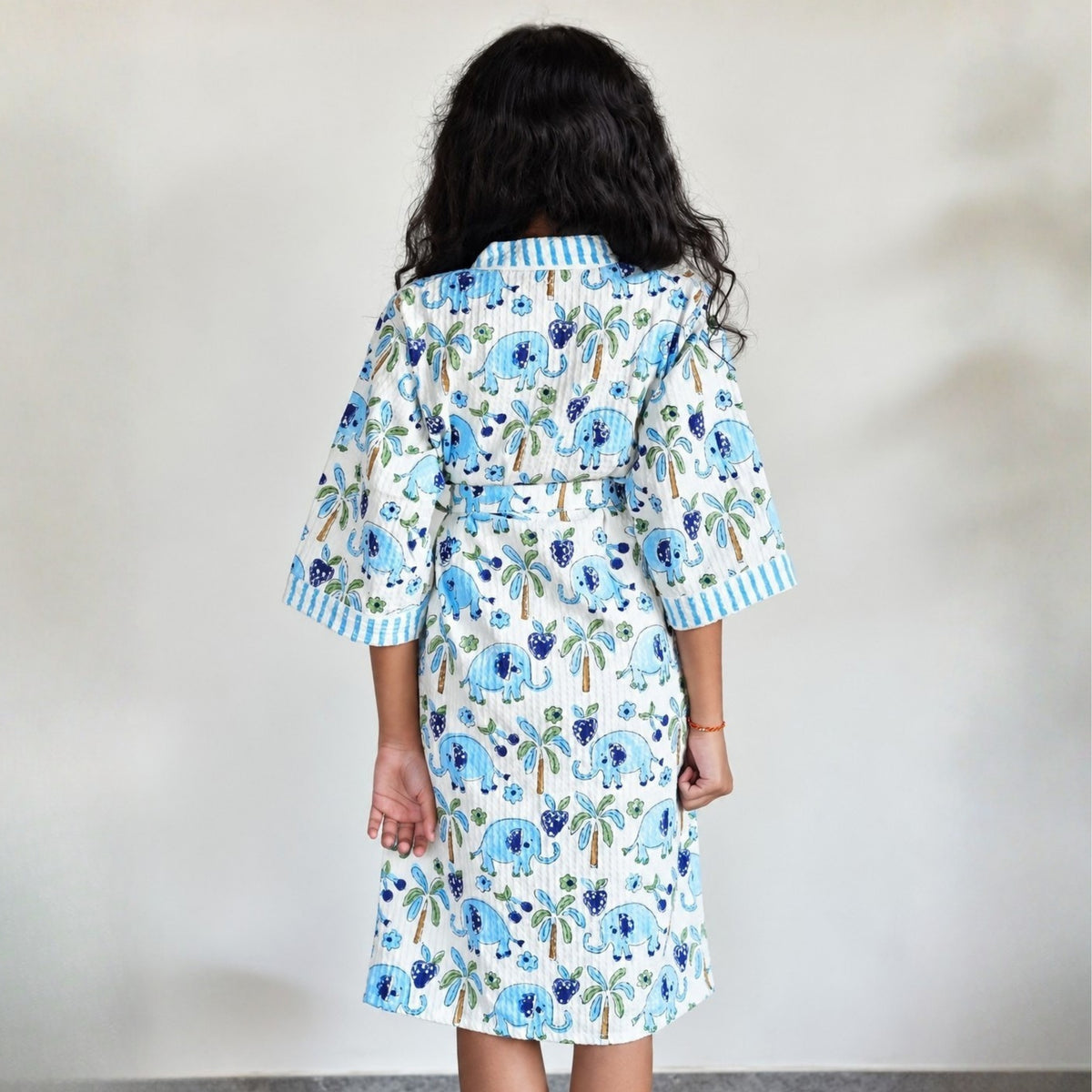 Kids Cotton Waffle Bathrobe – Blue Elephant & Palm Tree Print | Pink Lemon - image 25