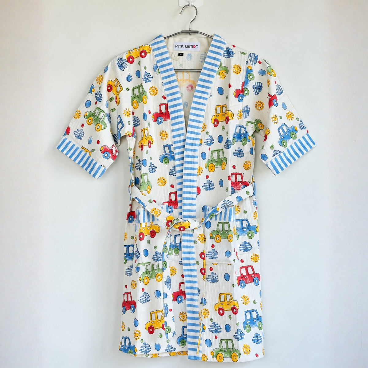 Kids Cotton Waffle Bathrobe – Colourful Car Print with Blue Stripes | Pink Lemon - image 37