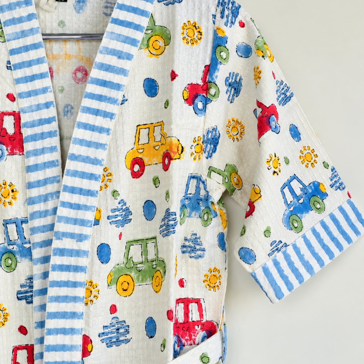 Kids Cotton Waffle Bathrobe – Colourful Car Print with Blue Stripes | Pink Lemon - image 38