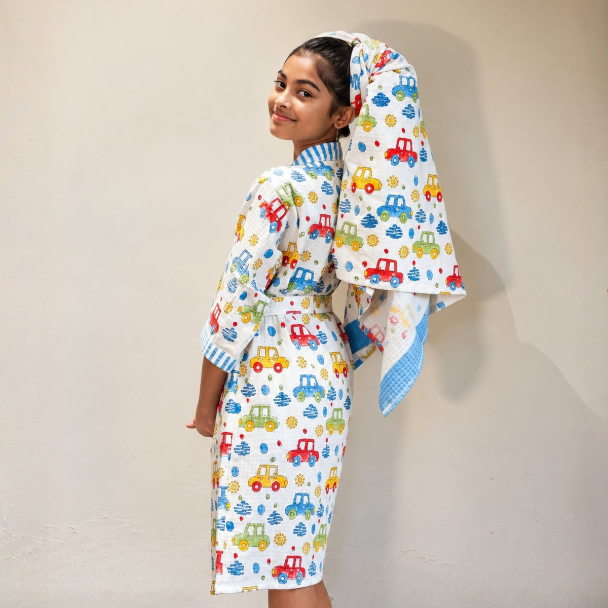 Kids Cotton Waffle Bathrobe – Colourful Car Print with Blue Stripes | Pink Lemon - image 40