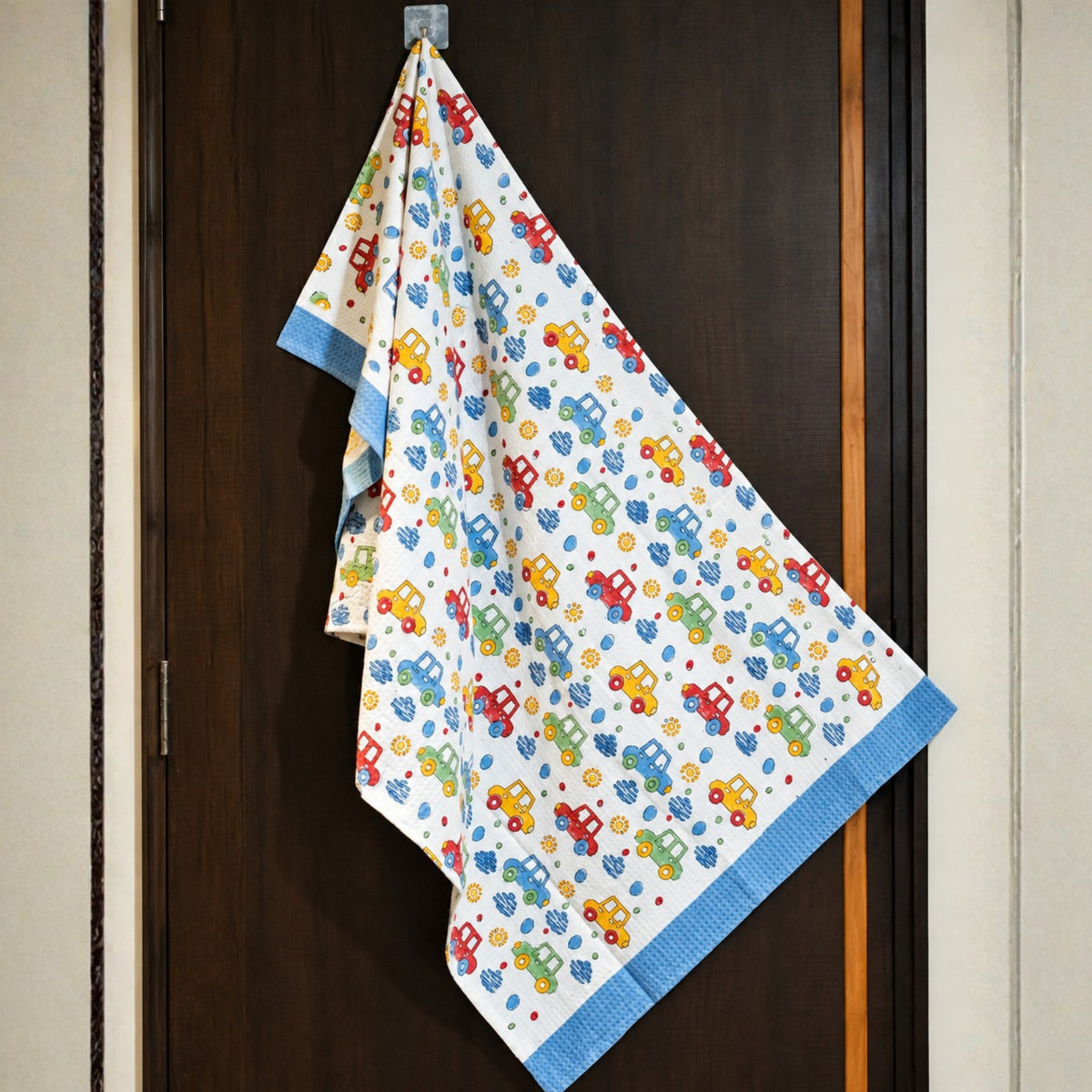 Kids Cotton Waffle Bathrobe – Colourful Car Print with Blue Stripes | Pink Lemon - image 41