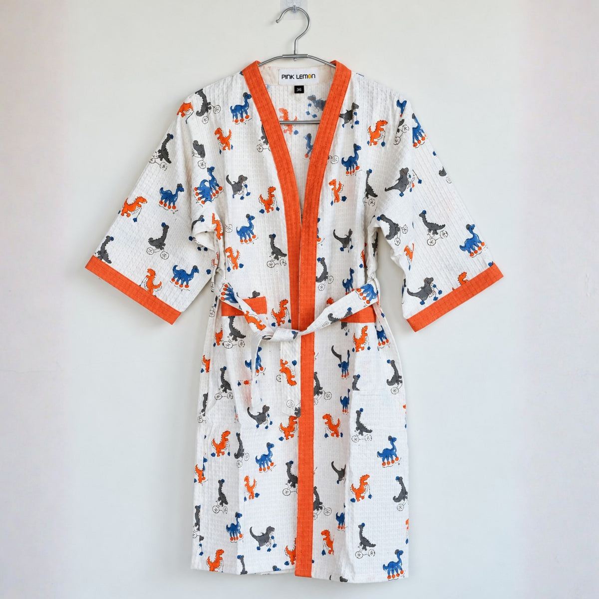 Kids Cotton Waffle Bathrobe – Dinosaur Print with Orange Borders | Pink Lemon - image 42