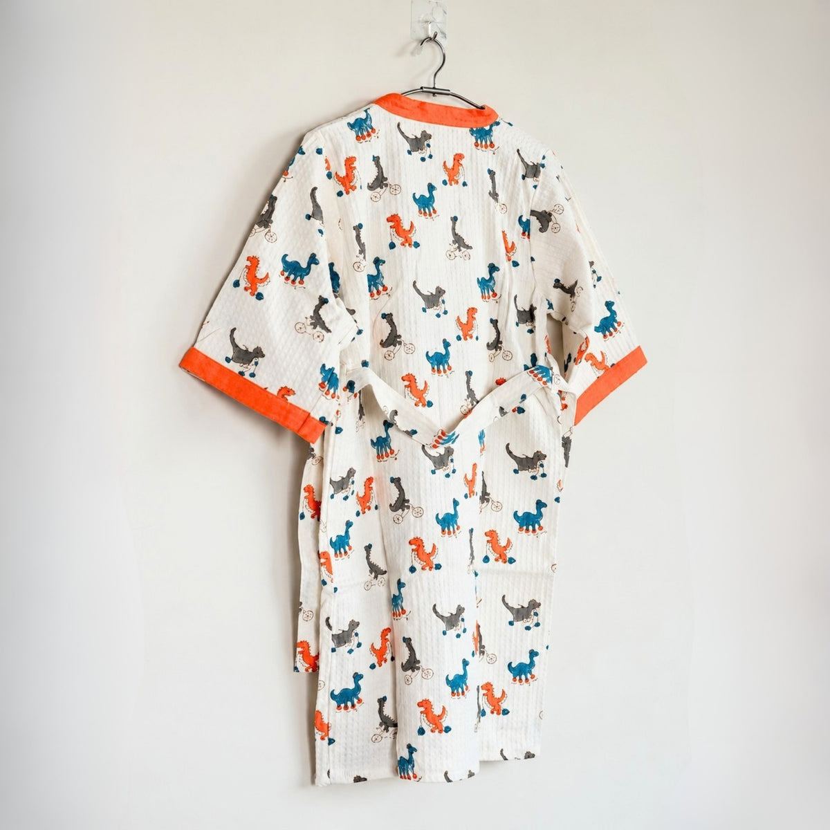 Kids Cotton Waffle Bathrobe – Dinosaur Print with Orange Borders | Pink Lemon - image 44