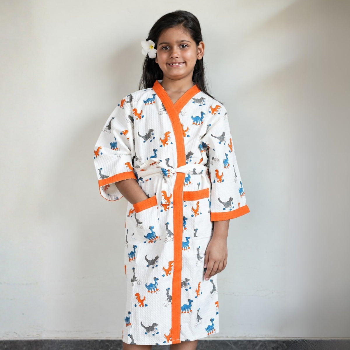Kids Cotton Waffle Bathrobe – Dinosaur Print with Orange Borders | Pink Lemon - image 45