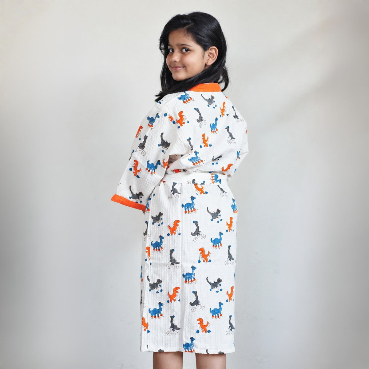Kids Cotton Waffle Bathrobe – Dinosaur Print with Orange Borders | Pink Lemon - image 46