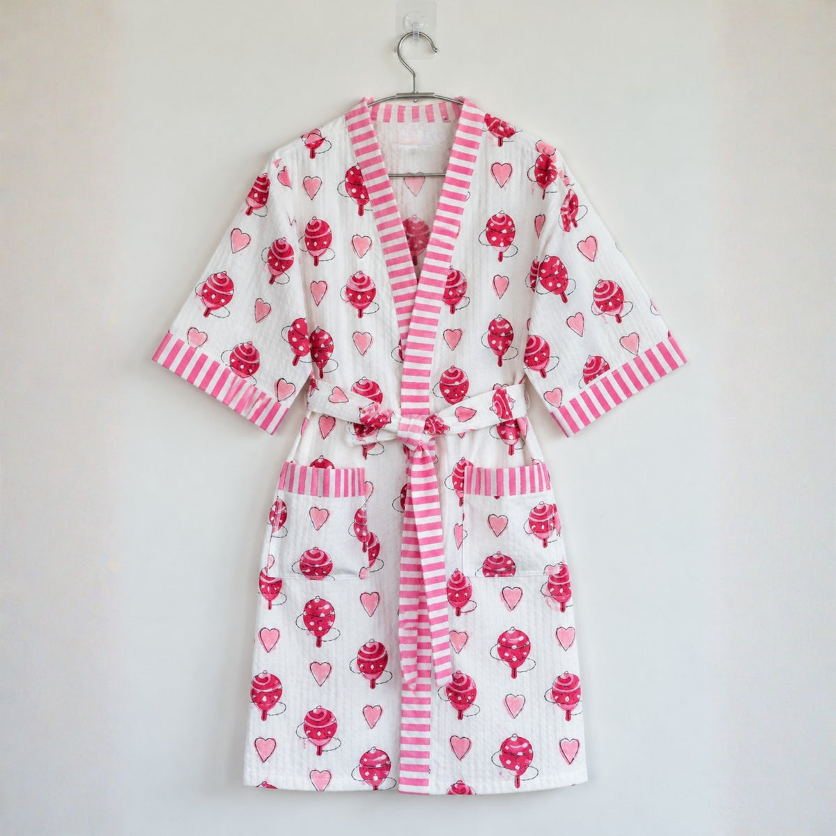 Kids Cotton Waffle Bathrobe – Pink Hearts & Lollipop Print | Pink Lemon - image 33