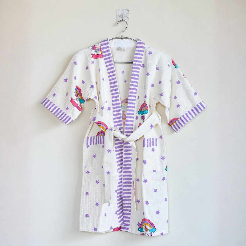 Rainbow & Purple Star Printed Cotton Waffle Bathrobe for Kids - image 16
