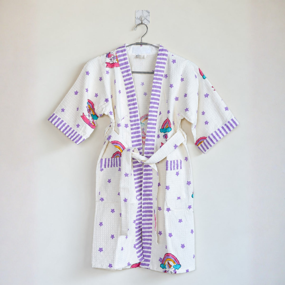 Rainbow & Purple Star Printed Cotton Waffle Bathrobe for Kids - image 16