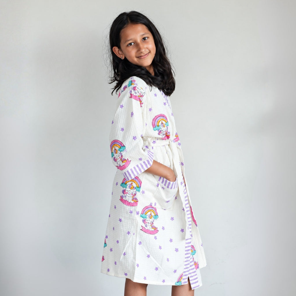 Rainbow & Purple Star Printed Cotton Waffle Bathrobe for Kids - image 17