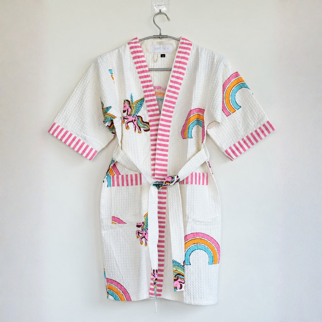 Kids Cotton Waffle Bathrobe – Rainbow & Unicorn Print with Pink Stripes - image 28