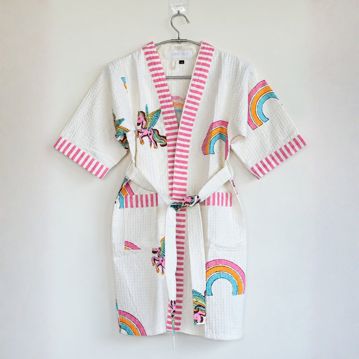 Kids Cotton Waffle Bathrobe – Rainbow & Unicorn Print with Pink Stripes - image 28