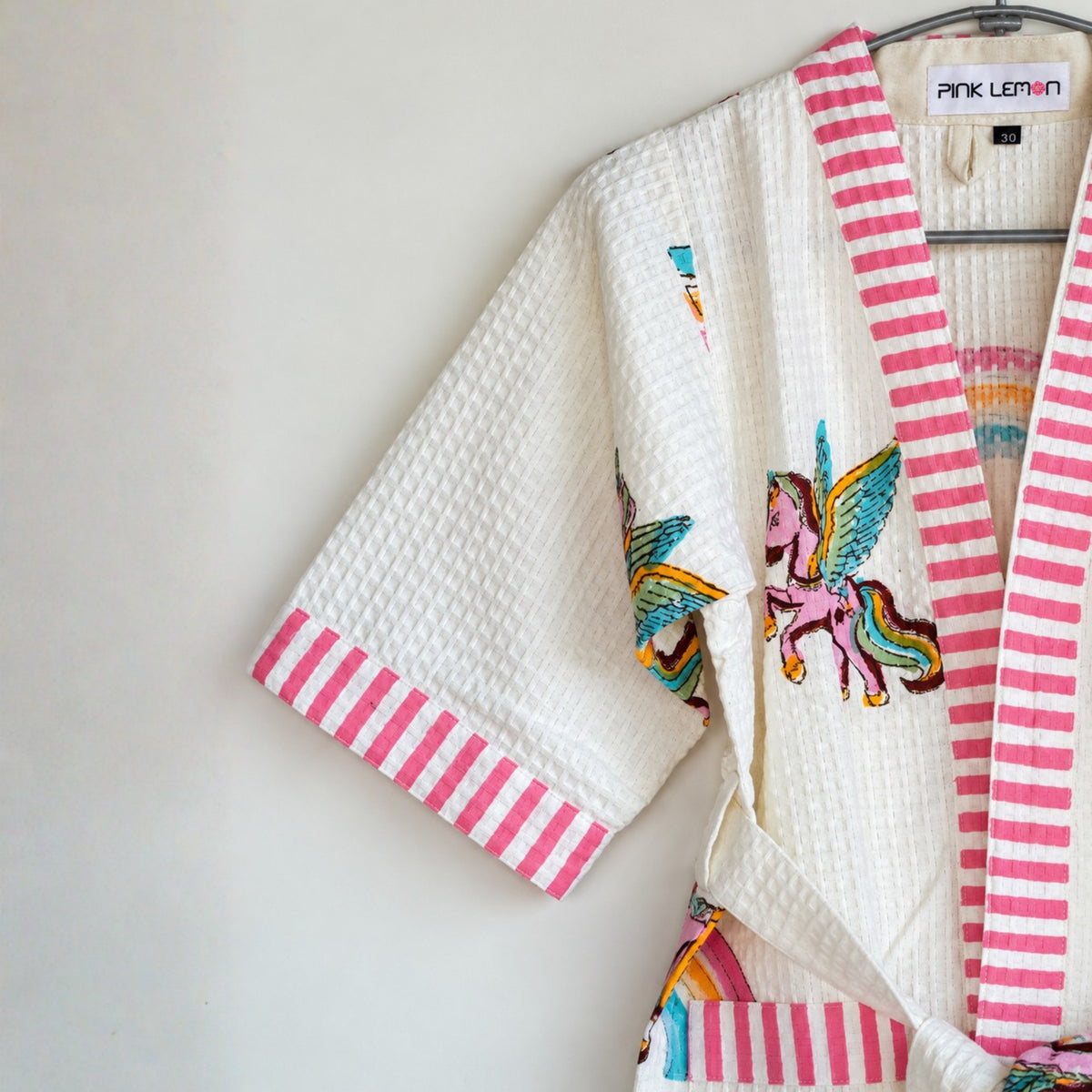 Kids Cotton Waffle Bathrobe – Rainbow & Unicorn Print with Pink Stripes - image 30