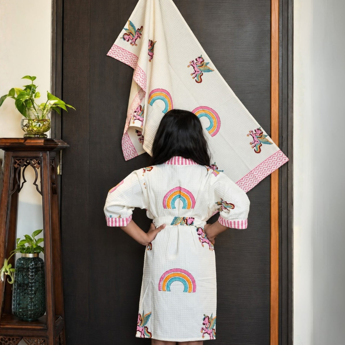 Kids Cotton Waffle Bathrobe – Rainbow & Unicorn Print with Pink Stripes - image 31