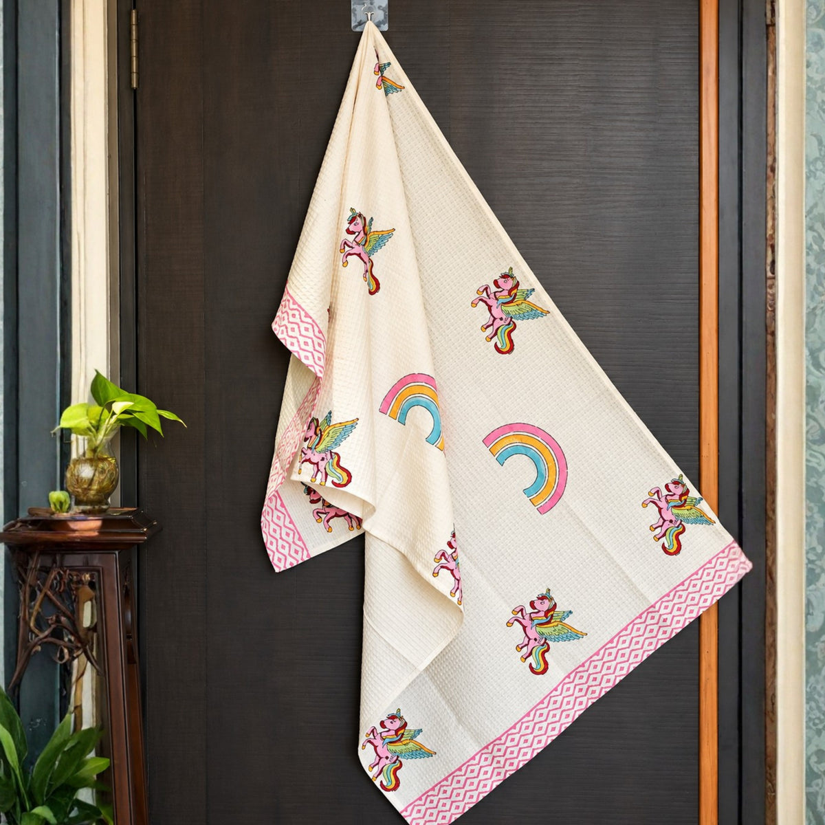 Kids Cotton Waffle Bathrobe – Rainbow & Unicorn Print with Pink Stripes - image 32
