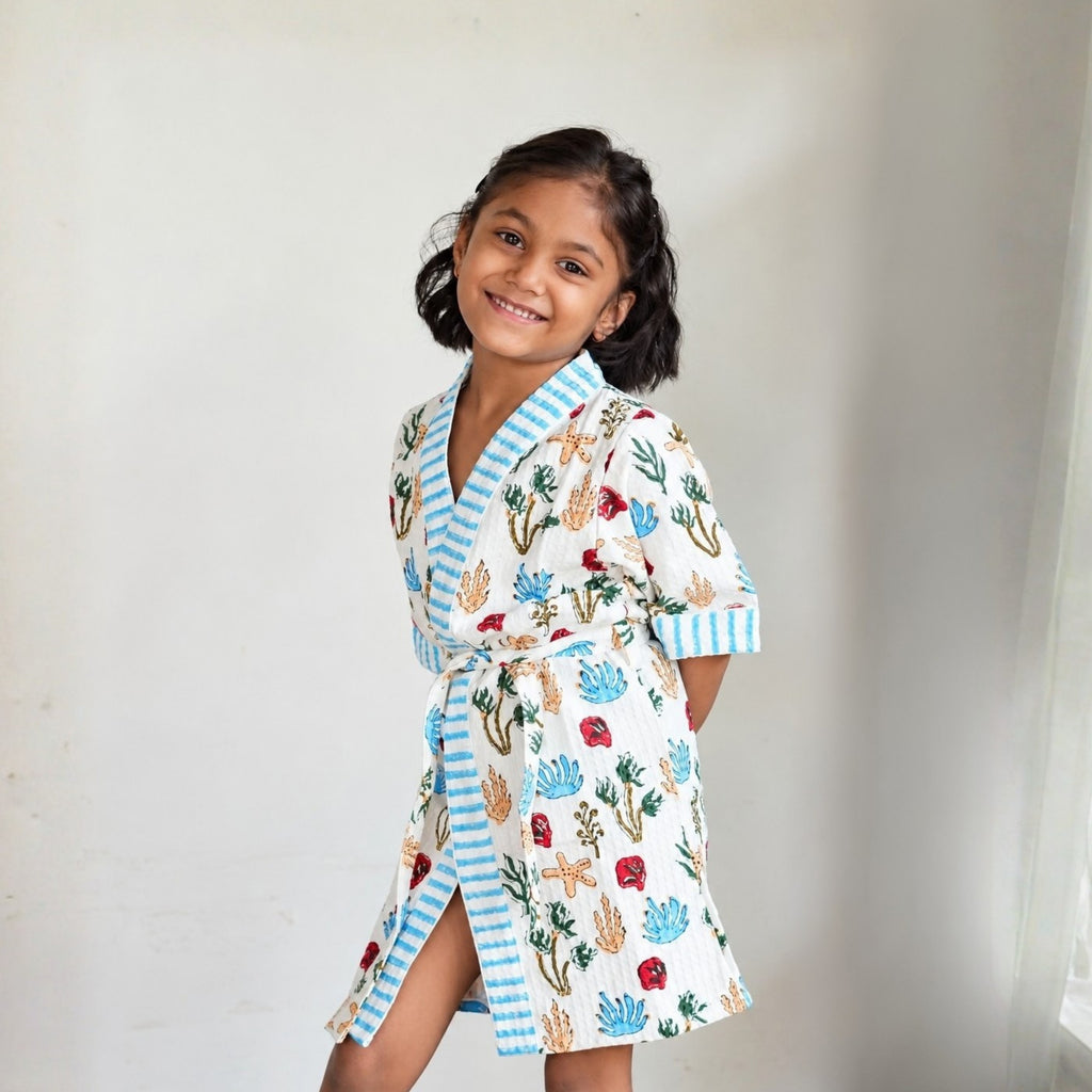 Kids Cotton Waffle Bathrobe – Hand Block Printed Sea Life Bathrobe with Blue Stripes - image 2