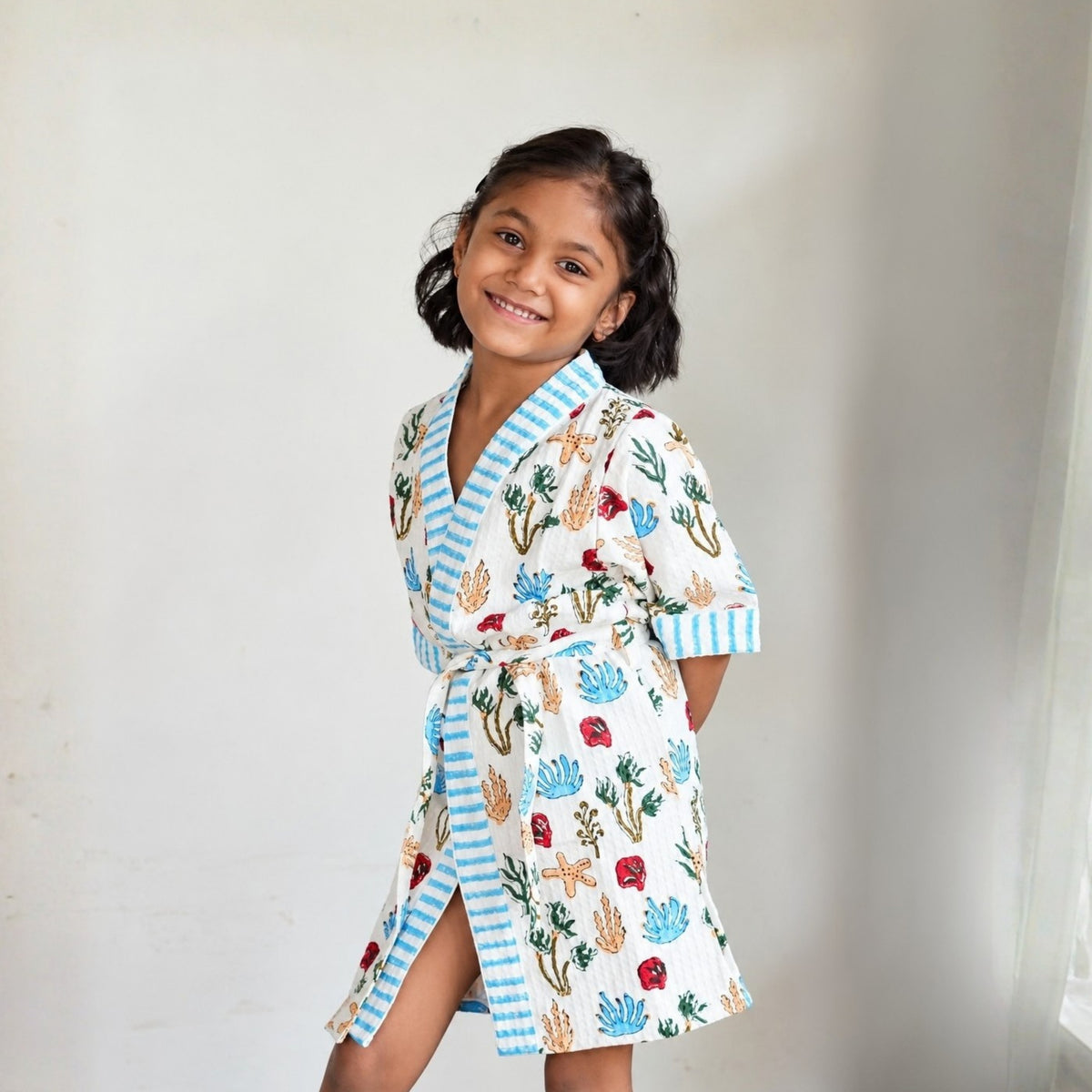Kids Cotton Waffle Bathrobe – Hand Block Printed Sea Life Bathrobe with Blue Stripes - image 2