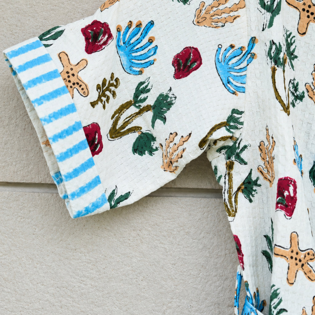 Kids Cotton Waffle Bathrobe – Hand Block Printed Sea Life Bathrobe with Blue Stripes - image 4